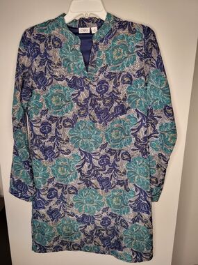 Cato Blue Turquoise Paisley Tunic Dress Women’s Medium Boho Shift 3/4 Sleeve